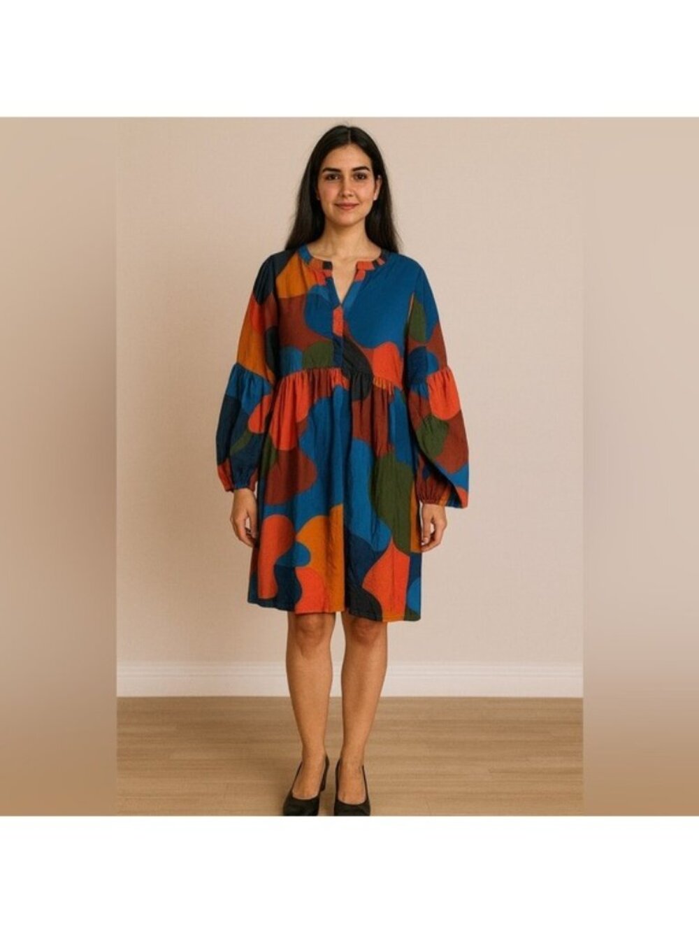 MICHELLE MCDOWELL Geometry Multicolored Balloon Sleeves Dress Size Small - Picture 2 of 16